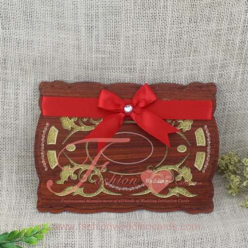 Wood Luxury Islamic Wedding Invitation Wordings with Ribbon